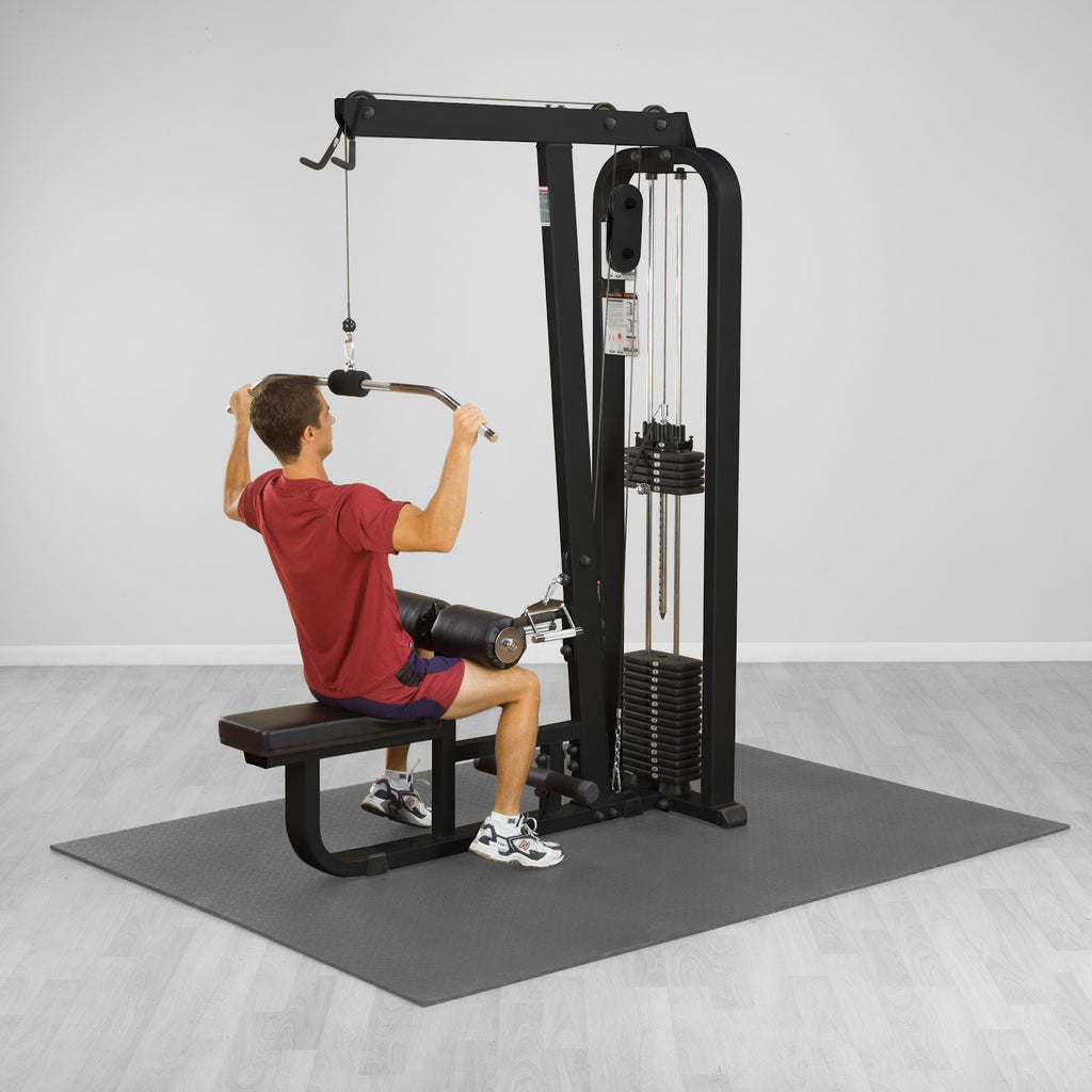 Body-Solid Pro ClubLine Lat Machine and Mid Row SLM300B, black frame, lat pulldown