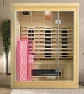 Cal Aura Red Light DuoTherapy panel glowing inside a Cal Saunas Solara cabin